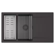 HD Onyx Antracit 86-XL egymedencés mosogatótálca szett, acél csepegtetőráccsal és kosárral, csepegtetőtálcával, matt antracit színben, matt fekete leeresztő szifonnal