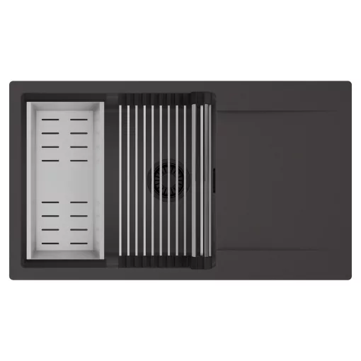 HD Onyx Antracit 86-XL egymedencés mosogatótálca szett, acél csepegtetőráccsal és kosárral, csepegtetőtálcával, matt antracit színben, matt fekete leeresztő szifonnal