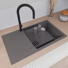 HD Onyx Antracit 86-XL egymedencés mosogatótálca szett, acél csepegtetőráccsal és kosárral, csepegtetőtálcával, matt antracit színben, matt fekete leeresztő szifonnal