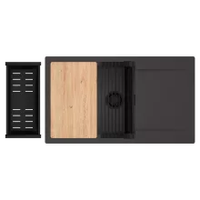 HD Onyx Antracit 86-XL egymedencés gránit mosogatótálca szett, csepegtetőtálcával, vágódeszkával, matt fekete csepegtetőráccsal és kosárral, matt antracit színben, matt fekete leeresztő szifonnal