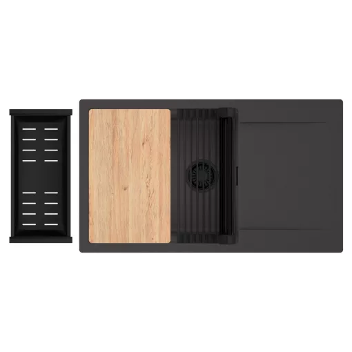 HD Onyx Antracit 86-XL egymedencés gránit mosogatótálca szett, csepegtetőtálcával, vágódeszkával, matt fekete csepegtetőráccsal és kosárral, matt antracit színben, matt fekete leeresztő szifonnal