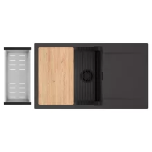 HD Onyx Antracit 86-XL egymedencés gránit mosogatótálca szett, csepegtetőtálcával, vágódeszkával, matt fekete csepegtetőráccsal és krómozott kosárral, matt antracit színben, matt fekete leeresztő szifonnal