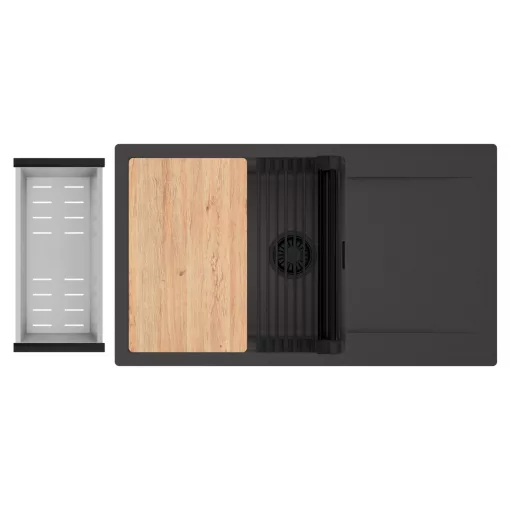 HD Onyx Antracit 86-XL egymedencés gránit mosogatótálca szett, csepegtetőtálcával, vágódeszkával, matt fekete csepegtetőráccsal és krómozott kosárral, matt antracit színben, matt fekete leeresztő szifonnal