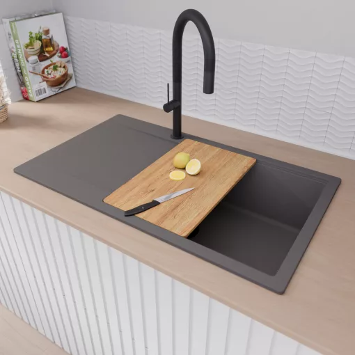 HD Onyx Antracit 86-XL egymedencés gránit mosogatótálca szett, csepegtetőtálcával, vágódeszkával, matt fekete csepegtetőráccsal és krómozott kosárral, matt antracit színben, matt fekete leeresztő szifonnal