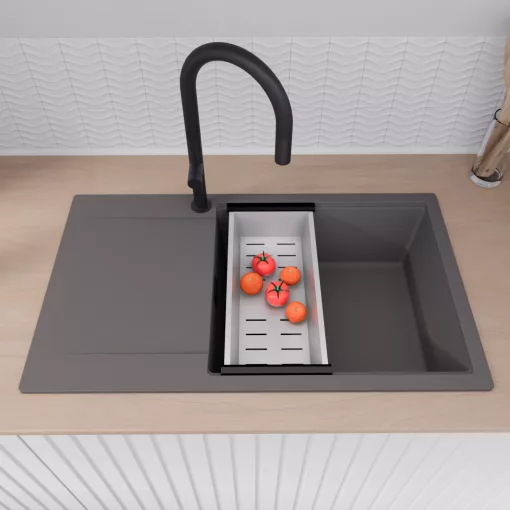 HD Onyx Antracit 86-XL egymedencés gránit mosogatótálca szett, csepegtetőtálcával, vágódeszkával, matt fekete csepegtetőráccsal és krómozott kosárral, matt antracit színben, matt fekete leeresztő szifonnal