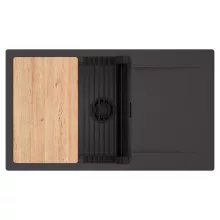 HD Onyx Antracit 86-XL egymedencés gránit mosogatótálca szett, csepegtetőtálcával, vágódeszkával, matt fekete csepegtetőráccsal, matt antracit színben, matt fekete leeresztő szifonnal