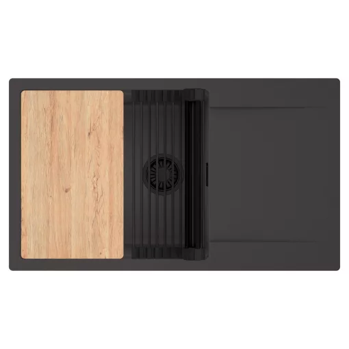 HD Onyx Antracit 86-XL egymedencés gránit mosogatótálca szett, csepegtetőtálcával, vágódeszkával, matt fekete csepegtetőráccsal, matt antracit színben, matt fekete leeresztő szifonnal