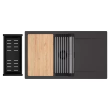 HD Onyx Antracit 86-XL egymedencés gránit mosogatótálca szett, csepegtetőtálcával, vágódeszkával, acél csepegtetőráccsal és matt fekete kosárral, matt antracit színben, matt fekete leeresztő szifonnal