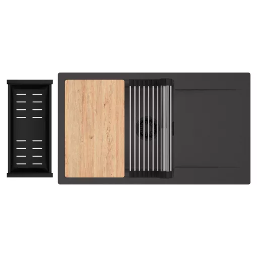 HD Onyx Antracit 86-XL egymedencés gránit mosogatótálca szett, csepegtetőtálcával, vágódeszkával, acél csepegtetőráccsal és matt fekete kosárral, matt antracit színben, matt fekete leeresztő szifonnal