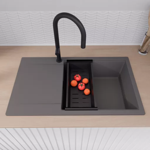 HD Onyx Antracit 86-XL egymedencés gránit mosogatótálca szett, csepegtetőtálcával, vágódeszkával, acél csepegtetőráccsal és matt fekete kosárral, matt antracit színben, matt fekete leeresztő szifonnal