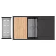 HD Onyx Antracit 86-XL egymedencés gránit mosogatótálca szett, csepegtetőtálcával, vágódeszkával, acél csepegtetőráccsal és kosárral, matt antracit színben, matt fekete leeresztő szifonnal