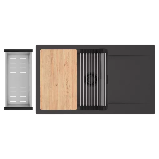 HD Onyx Antracit 86-XL egymedencés gránit mosogatótálca szett, csepegtetőtálcával, vágódeszkával, acél csepegtetőráccsal és kosárral, matt antracit színben, matt fekete leeresztő szifonnal