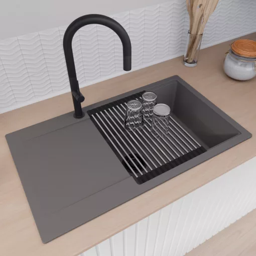 HD Onyx Antracit 86-XL egymedencés gránit mosogatótálca szett, csepegtetőtálcával, vágódeszkával, acél csepegtetőráccsal és kosárral, matt antracit színben, matt fekete leeresztő szifonnal