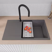 HD Onyx Antracit 86-XL egymedencés gránit mosogatótálca szett, csepegtetőtálcával, vágódeszkával, acél csepegtetőráccsal és kosárral, matt antracit színben, matt fekete leeresztő szifonnal