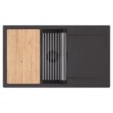 HD Onyx Antracit 86-XL egymedencés gránit mosogatótálca szett, csepegtetőtálcával, vágódeszkával, acél csepegtetőráccsal, matt antracit színben, matt fekete leeresztő szifonnal