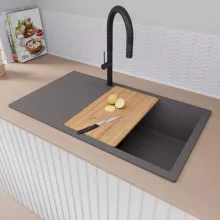 HD Onyx Antracit 86-XL egymedencés gránit mosogatótálca szett, csepegtetőtálcával, vágódeszkával, acél csepegtetőráccsal, matt antracit színben, matt fekete leeresztő szifonnal