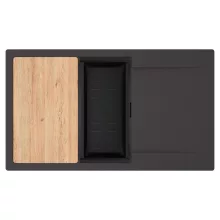 HD Onyx Antracit 86-XL egymedencés gránit mosogatótálca szett, csepegtetőtálcával, vágódeszkával, matt fekete csepegtetőkosárral, matt antracit színben, matt fekete leeresztő szifonnal