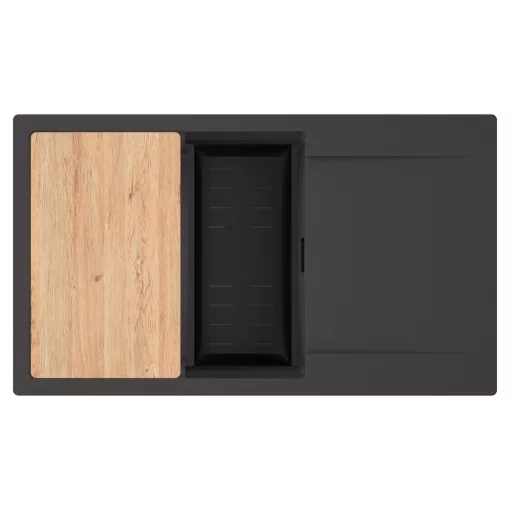 HD Onyx Antracit 86-XL egymedencés gránit mosogatótálca szett, csepegtetőtálcával, vágódeszkával, matt fekete csepegtetőkosárral, matt antracit színben, matt fekete leeresztő szifonnal