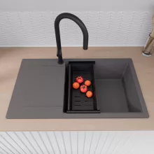 HD Onyx Antracit 86-XL egymedencés gránit mosogatótálca szett, csepegtetőtálcával, vágódeszkával, matt fekete csepegtetőkosárral, matt antracit színben, matt fekete leeresztő szifonnal