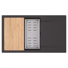 HD Onyx Antracit 86-XL egymedencés gránit mosogatótálca szett, csepegtetőtálcával, vágódeszkával, acél csepegtetőkosárral, matt antracit színben, matt fekete leeresztő szifonnal