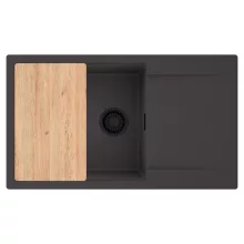 HD Onyx Antracit 86-XL egymedencés gránit mosogatótálca, vágódeszkával, matt antracit színben, matt fekete leeresztő szifonnal