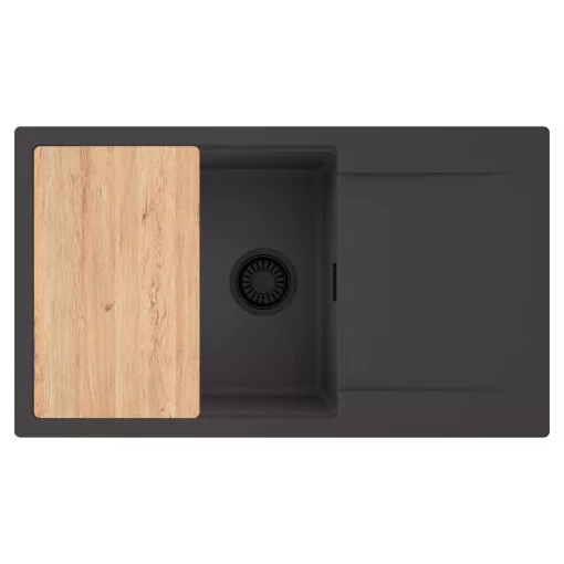 HD Onyx Antracit 86-XL egymedencés gránit mosogatótálca, vágódeszkával, matt antracit színben, matt fekete leeresztő szifonnal