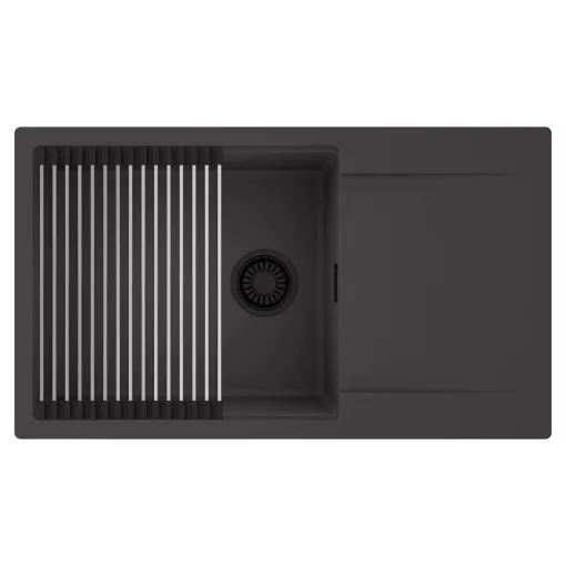 HD Onyx Antracit 86-XL egymedencés mosogatótálca szett, acél csepegtetőráccsal, csepegtetőtálcával, matt antracit színben, matt fekete leeresztő szifonnal