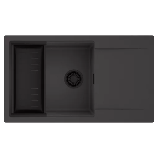 HD Onyx Antracit 86-XL egymedencés mosogatótálca szett, matt fekete csepegtetőkosárral, csepegtetőtálcával, matt antracit színben, matt fekete leeresztő szifonnal