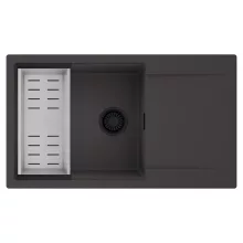 HD Onyx Antracit 86-XL egymedencés mosogatótálca szett, acél csepegtetőkosárral, csepegtetőtálcával, matt antracit színben, matt fekete leeresztő szifonnal