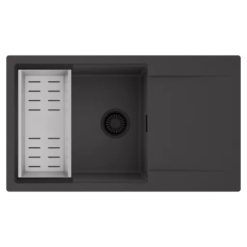 HD Onyx Antracit 86-XL egymedencés mosogatótálca szett, acél csepegtetőkosárral, csepegtetőtálcával, matt antracit színben, matt fekete leeresztő szifonnal