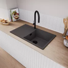 HD Onyx Antracit 86-XL egymedencés mosogatótálca, csepegtetőtálcával, matt antracit színben, matt fekete leeresztő szifonnal