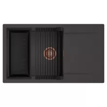 HD Onyx Antracit 86-XL egymedencés mosogatótálca szett, matt fekete csepegtetőráccsal és kosárral, csepegtetőtálcával, matt antracit színben, szálcsiszolt réz leeresztő szifonnal