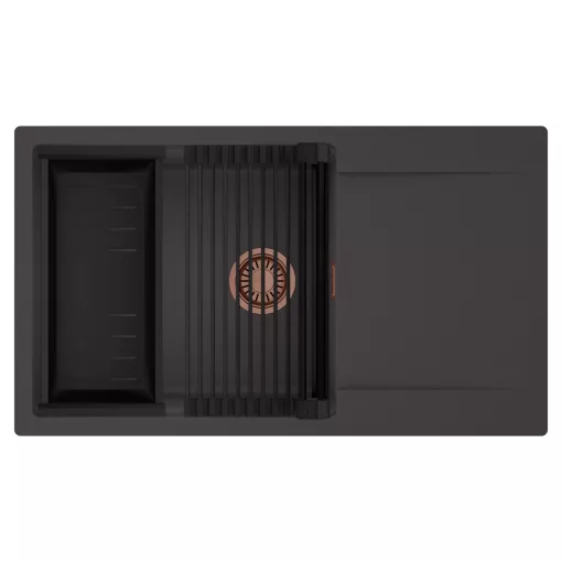 HD Onyx Antracit 86-XL egymedencés mosogatótálca szett, matt fekete csepegtetőráccsal és kosárral, csepegtetőtálcával, matt antracit színben, szálcsiszolt réz leeresztő szifonnal