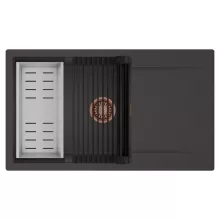 HD Onyx Antracit 86-XL egymedencés mosogatótálca szett, matt fekete csepegtetőráccsal és krómozott kosárral, csepegtetőtálcával, matt antracit színben, szálcsiszolt réz leeresztő szifonnal