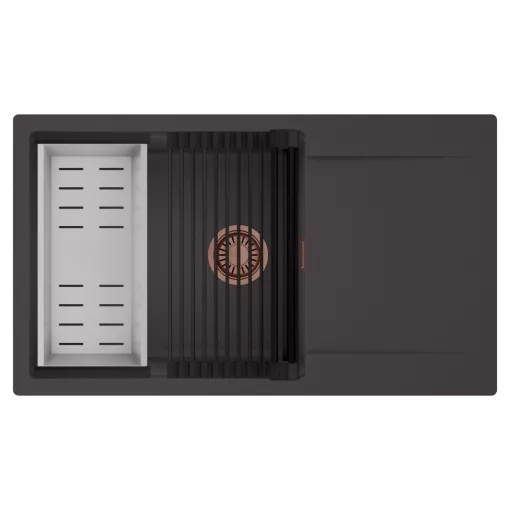 HD Onyx Antracit 86-XL egymedencés mosogatótálca szett, matt fekete csepegtetőráccsal és krómozott kosárral, csepegtetőtálcával, matt antracit színben, szálcsiszolt réz leeresztő szifonnal