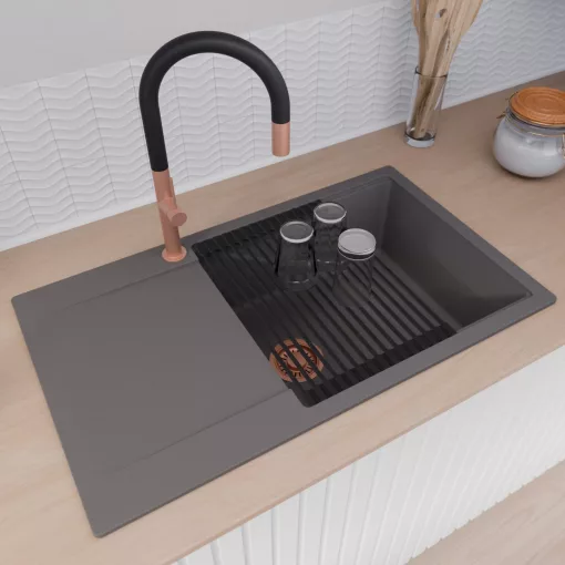 HD Onyx Antracit 86-XL egymedencés mosogatótálca szett, matt fekete csepegtetőráccsal és krómozott kosárral, csepegtetőtálcával, matt antracit színben, szálcsiszolt réz leeresztő szifonnal