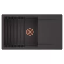 HD Onyx Antracit 86-XL egymedencés mosogatótálca szett, matt fekete csepegtetőráccsal, csepegtetőtálcával, matt antracit színben, szálcsiszolt réz leeresztő szifonnal