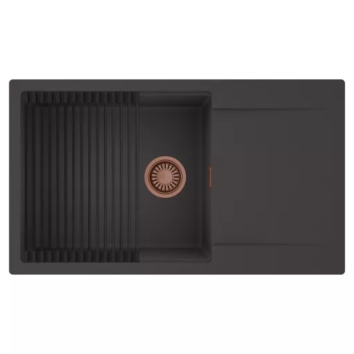 HD Onyx Antracit 86-XL egymedencés mosogatótálca szett, matt fekete csepegtetőráccsal, csepegtetőtálcával, matt antracit színben, szálcsiszolt réz leeresztő szifonnal