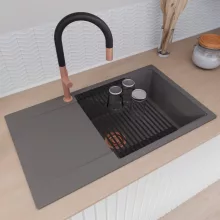 HD Onyx Antracit 86-XL egymedencés mosogatótálca szett, matt fekete csepegtetőráccsal, csepegtetőtálcával, matt antracit színben, szálcsiszolt réz leeresztő szifonnal