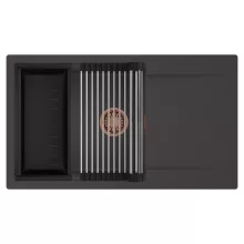 HD Onyx Antracit 86-XL egymedencés mosogatótálca szett, acél csepegtetőráccsal és matt fekete kosárral, csepegtetőtálcával, matt antracit színben, szálcsiszolt réz leeresztő szifonnal