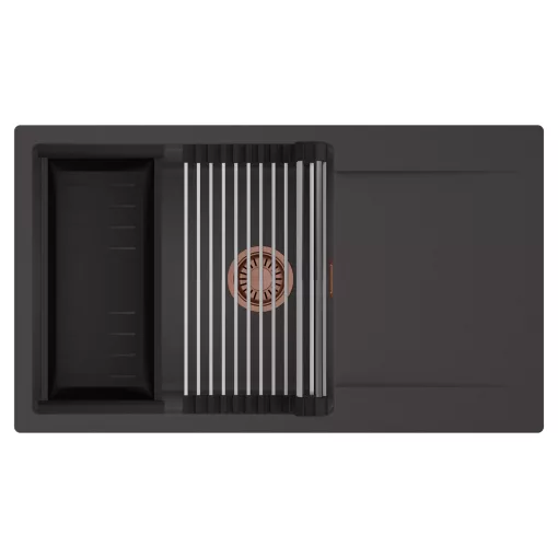 HD Onyx Antracit 86-XL egymedencés mosogatótálca szett, acél csepegtetőráccsal és matt fekete kosárral, csepegtetőtálcával, matt antracit színben, szálcsiszolt réz leeresztő szifonnal