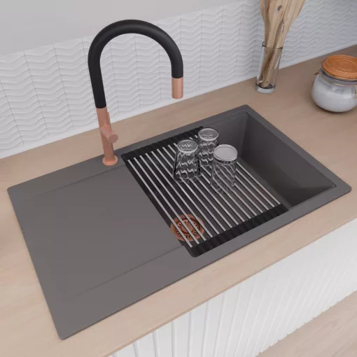 HD Onyx Antracit 86-XL egymedencés mosogatótálca szett, acél csepegtetőráccsal és matt fekete kosárral, csepegtetőtálcával, matt antracit színben, szálcsiszolt réz leeresztő szifonnal