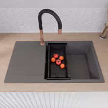 HD Onyx Antracit 86-XL egymedencés mosogatótálca szett, acél csepegtetőráccsal és matt fekete kosárral, csepegtetőtálcával, matt antracit színben, szálcsiszolt réz leeresztő szifonnal