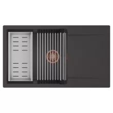 HD Onyx Antracit 86-XL egymedencés mosogatótálca szett, acél csepegtetőráccsal és kosárral, csepegtetőtálcával, matt antracit színben, szálcsiszolt réz leeresztő szifonnal