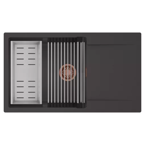 HD Onyx Antracit 86-XL egymedencés mosogatótálca szett, acél csepegtetőráccsal és kosárral, csepegtetőtálcával, matt antracit színben, szálcsiszolt réz leeresztő szifonnal