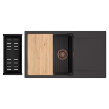 HD Onyx Antracit 86-XL egymedencés gránit mosogatótálca szett, csepegtetőtálcával, vágódeszkával, matt fekete csepegtetőráccsal és kosárral, matt antracit színben, szálcsiszolt réz leeresztő szifonnal