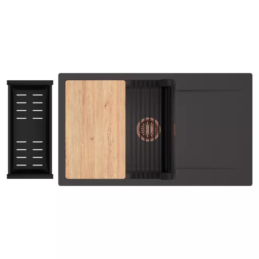 HD Onyx Antracit 86-XL egymedencés gránit mosogatótálca szett, csepegtetőtálcával, vágódeszkával, matt fekete csepegtetőráccsal és kosárral, matt antracit színben, szálcsiszolt réz leeresztő szifonnal