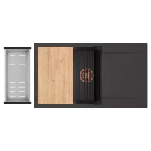 HD Onyx Antracit 86-XL egymedencés gránit mosogatótálca szett, csepegtetőtálcával, vágódeszkával, matt fekete csepegtetőráccsal és krómozott kosárral, matt antracit színben, szálcsiszolt réz leeresztő szifonnal