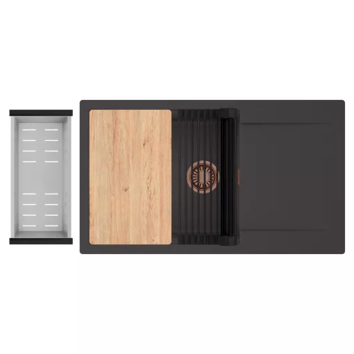 HD Onyx Antracit 86-XL egymedencés gránit mosogatótálca szett, csepegtetőtálcával, vágódeszkával, matt fekete csepegtetőráccsal és krómozott kosárral, matt antracit színben, szálcsiszolt réz leeresztő szifonnal