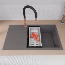 HD Onyx Antracit 86-XL egymedencés gránit mosogatótálca szett, csepegtetőtálcával, vágódeszkával, matt fekete csepegtetőráccsal és krómozott kosárral, matt antracit színben, szálcsiszolt réz leeresztő szifonnal